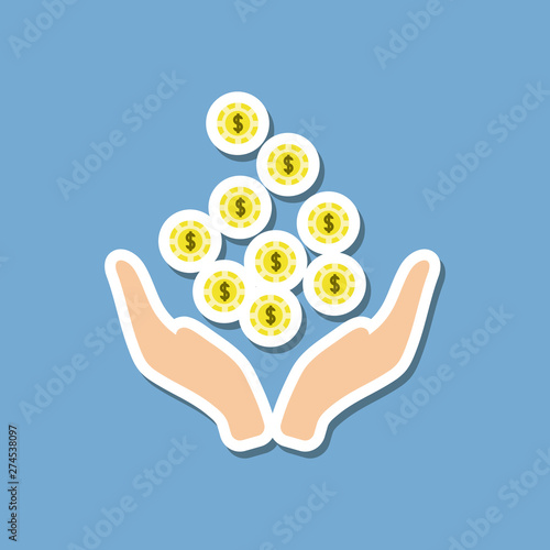paper sticker on stylish background coins in hand