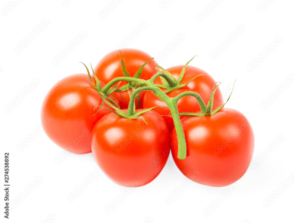 branch of ripe red organic tomatoes with green leaves on white background. selective focus branch of ripe red organic tomatoes with green leaves on white background. selective focus
