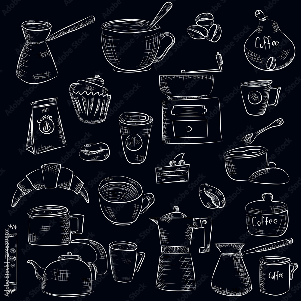 doodle hand drawn pattern sketches isolated on chalkboard background. Design elements for cafe menu or coffee shop.
