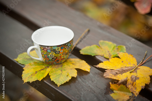 coffee cup on the bench in autumn day. Coffee cup and leaf on wooden table outdoor background.