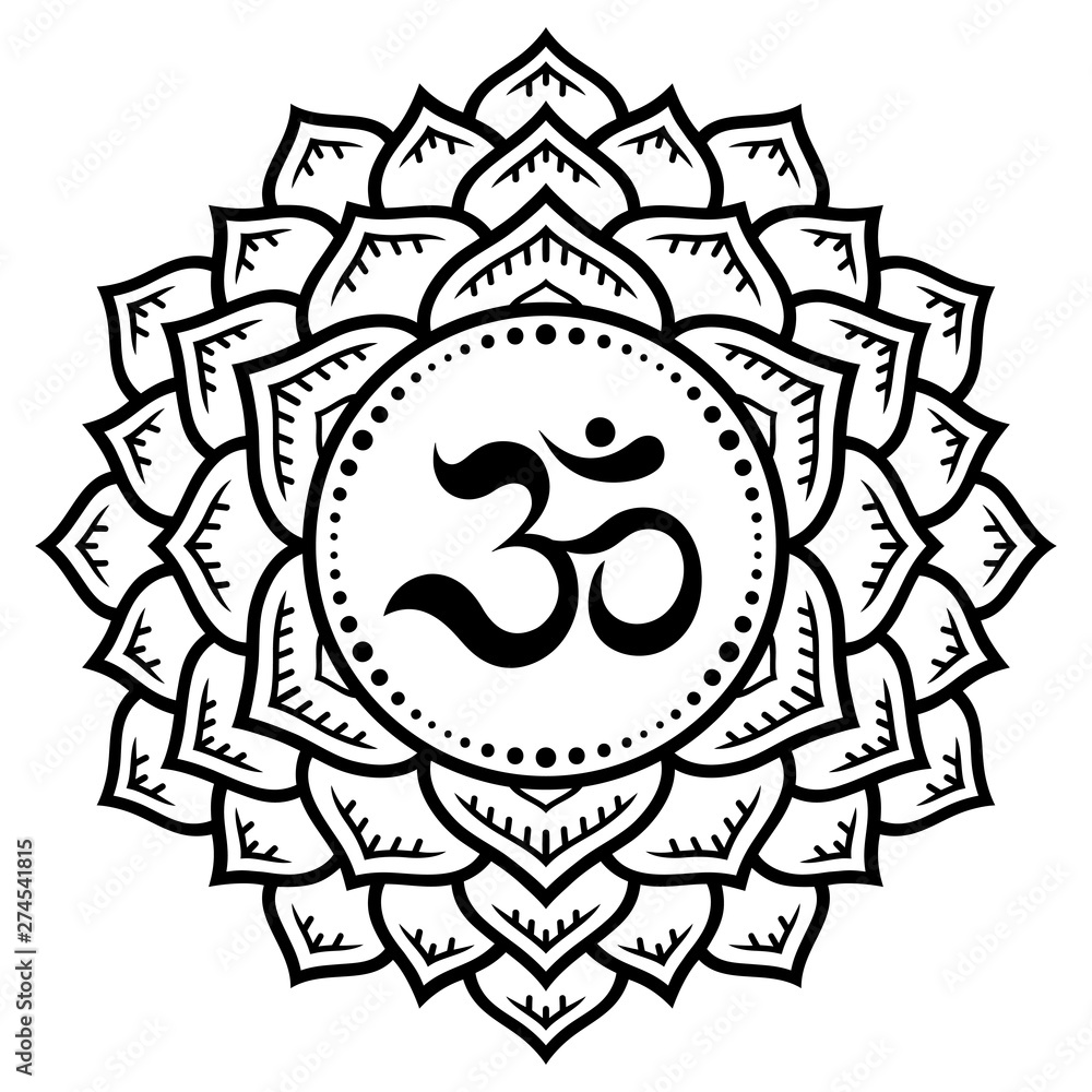 Circular pattern in form of mandala for Henna, Mehndi, tattoo, decoration. Decorative ornament in oriental style with ancient Hindu mantra OM. Outline doodle vector illustration.