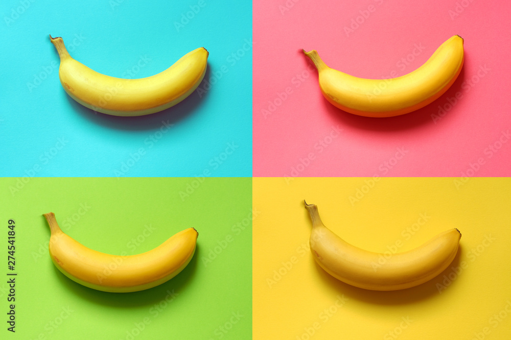 Banana on different colored geometric background. Decorative element for interior decoration