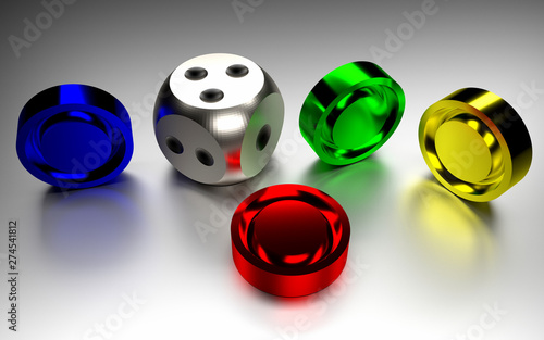 3D rendered ludo game dice and coin illustration