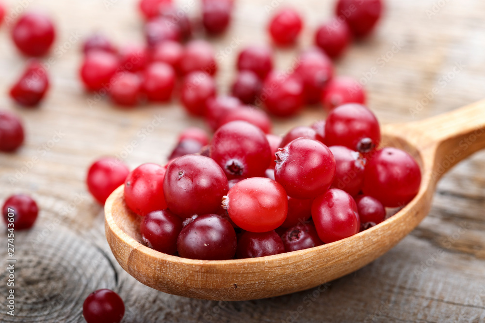 Fresh red forest cranberry in a spoon Fresh red forest cranberry in a spoon