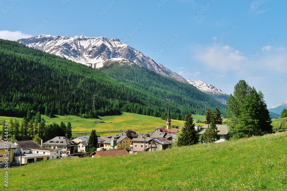 Engadiner Landschaft bei S-chanf, Graubünden, Schweiz