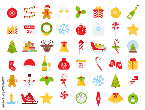 Christmas icons. Vector. Winter icon set. Christmas decorations in flat design isolated on white background. Cartoon colorful illustration. Collection holiday red green symbols.