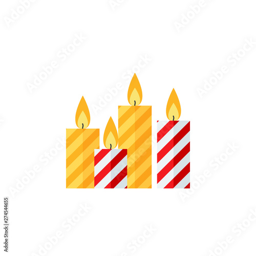 Candle Christmas icon. Vector. Red and yellow striped candles. Holiday symbol isolated on white background in flat design. Cartoon colorful illustration.