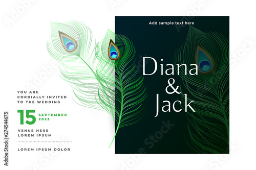 lovely wedding card with peacock feather decoration