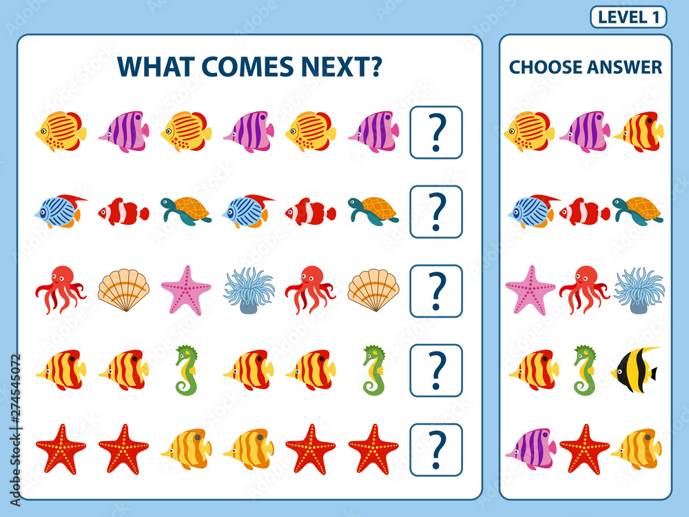 Set of tasks for the development of logical thinking of children. Find the regularity and continue the row task. Set composed of sea animals and fish. Difficulty level 1. Vector illustration