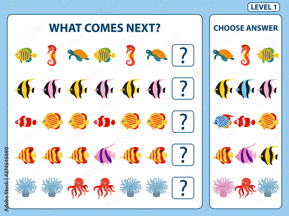 Set of tasks for the development of logical thinking of children. Find the regularity and continue the row task. Set composed of sea animals and fish. Difficulty level 1. Vector illustration Set of tasks for the development of logical thinking of children. Find the regularity and continue the row task. Set composed of sea animals and fish. Difficulty level 1. Vector illustration