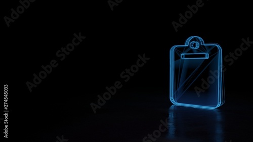 3d glowing wireframe symbol of symbol of clipboard isolated on black background