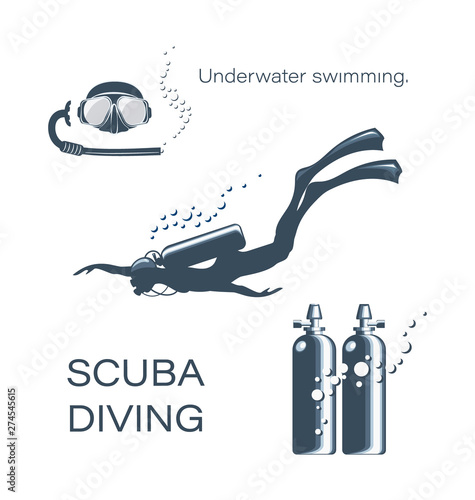 Set of elements for diving. Scuba diver woman in wetsuit, scuba and accessories. Underwater activities and sporting goods are isolated. Collection of snorkeling equipment. 
