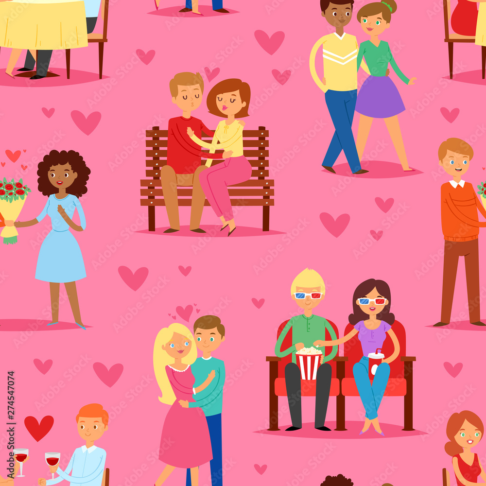 Couple in love vector lovers characters in lovely relationships on loving date together on Valentines day and boyfriend kissing loved girlfriend illustration hearted background