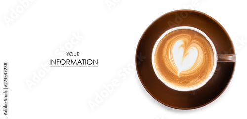 Cup of coffee cappuccino saucer pattern on white background isolation, top view