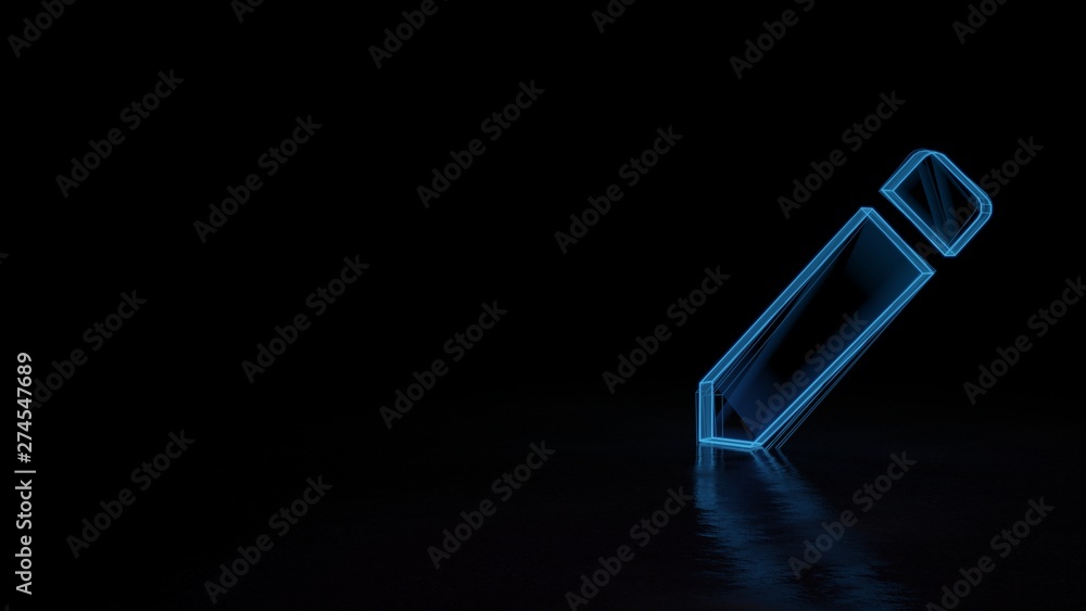 3d glowing wireframe symbol of symbol of create new pencil button isolated on black background 3d glowing wireframe symbol of symbol of create new pencil button isolated on black background
