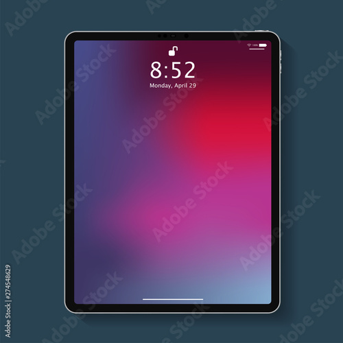 Realistic tablet computer lock screen with abstract colored geometric wallpaper. Big and small modern tablet PC design isolated on dark blue background. Vector Illustration