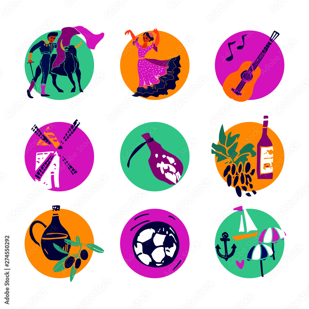 Color Set of symbols of Spain, bullfighting flamenco olive oil for tourist posters t-shirts or Souvenirs painted by hand. Vector illustration
