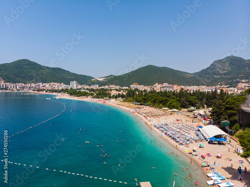 Aerial view of long coastline of Budva city, Montenegro. Balkans, Adriatic sea, Europe photo