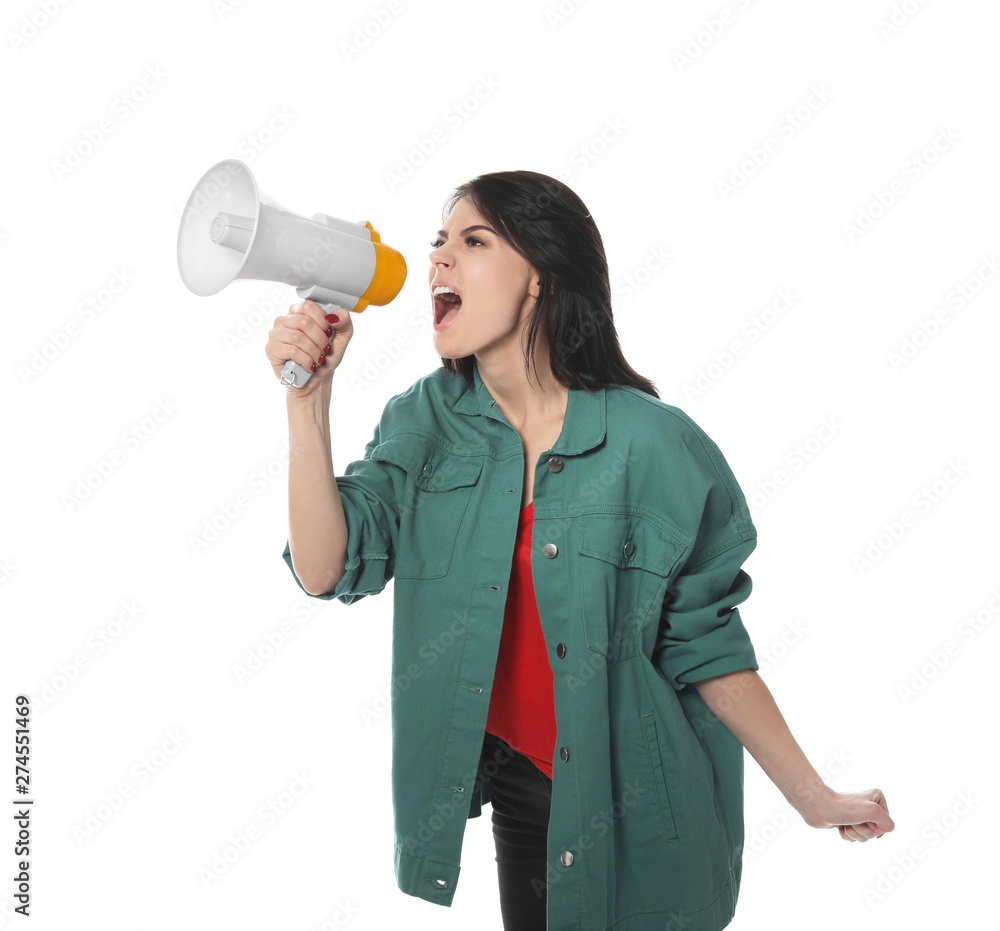 Portrait of emotional woman using megaphone on white background Portrait of emotional woman using megaphone on white background