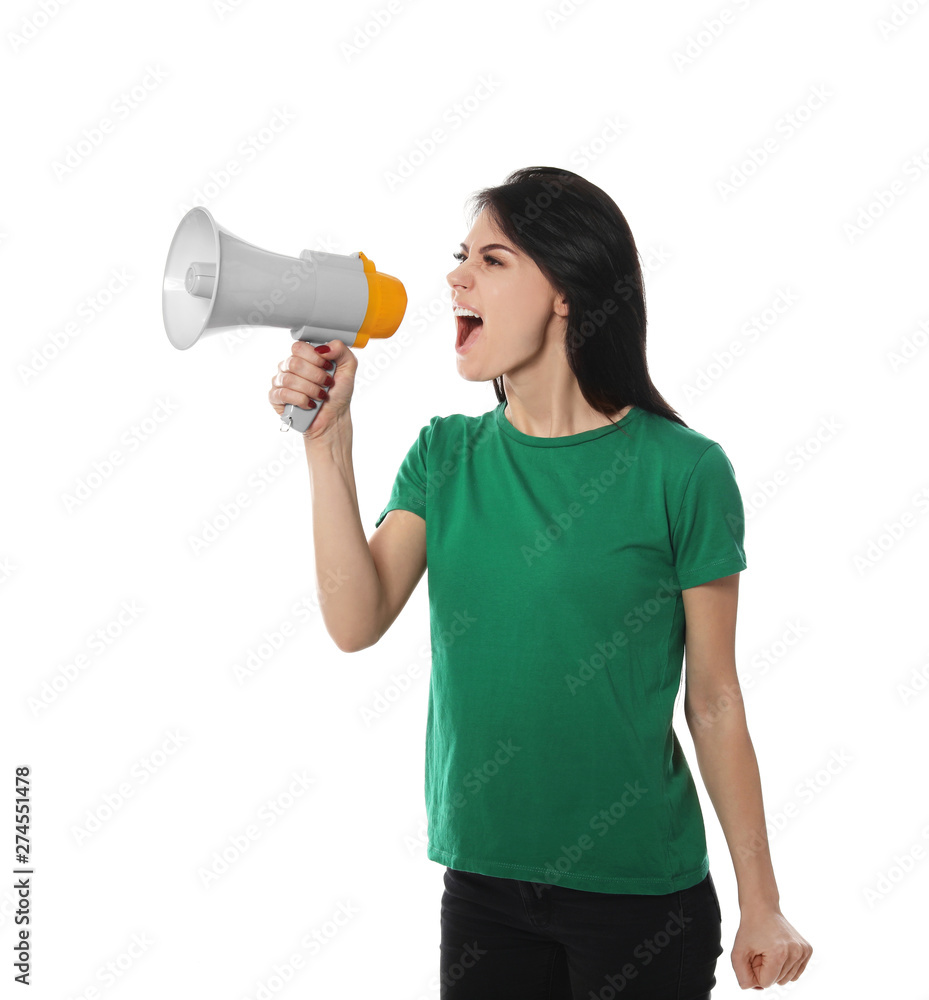 Portrait of emotional woman using megaphone on white background Portrait of emotional woman using megaphone on white background