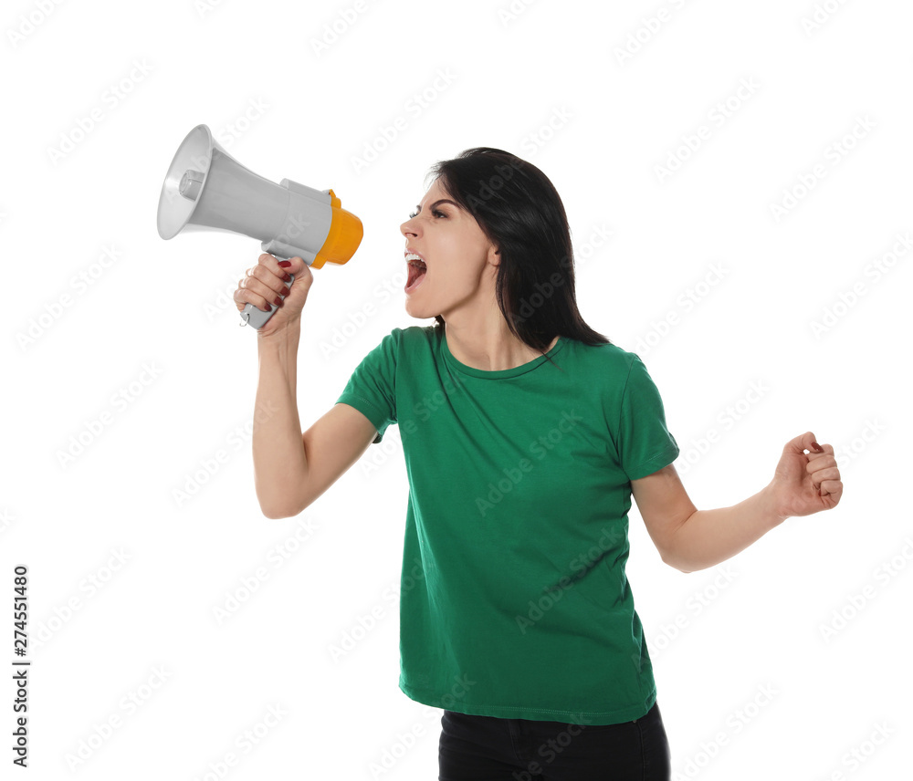 Portrait of emotional woman using megaphone on white background Portrait of emotional woman using megaphone on white background
