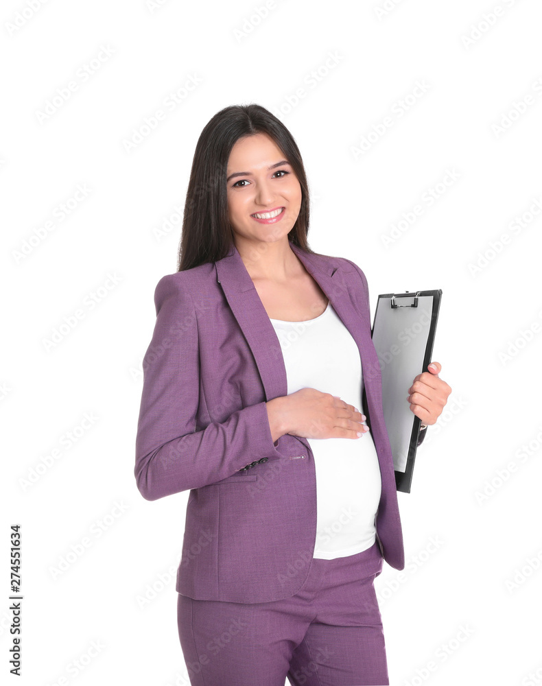 Young pregnant woman in suit with clipboard on white background. Working while expecting baby Young pregnant woman in suit with clipboard on white background. Working while expecting baby