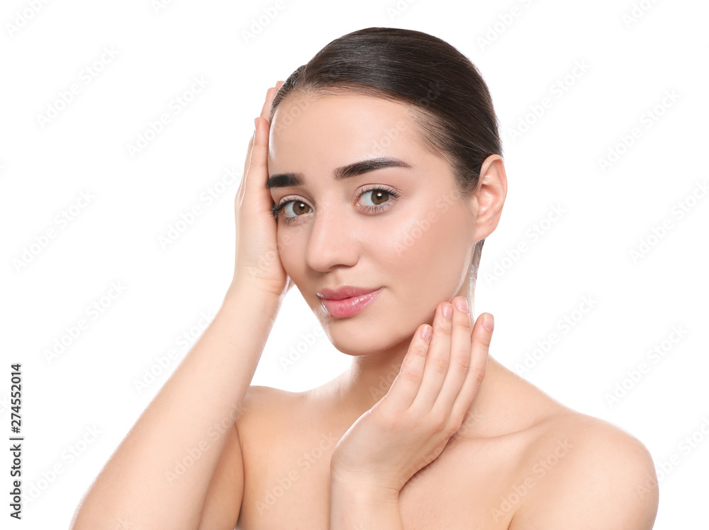 Portrait of young woman with beautiful face against white background Portrait of young woman with beautiful face against white background