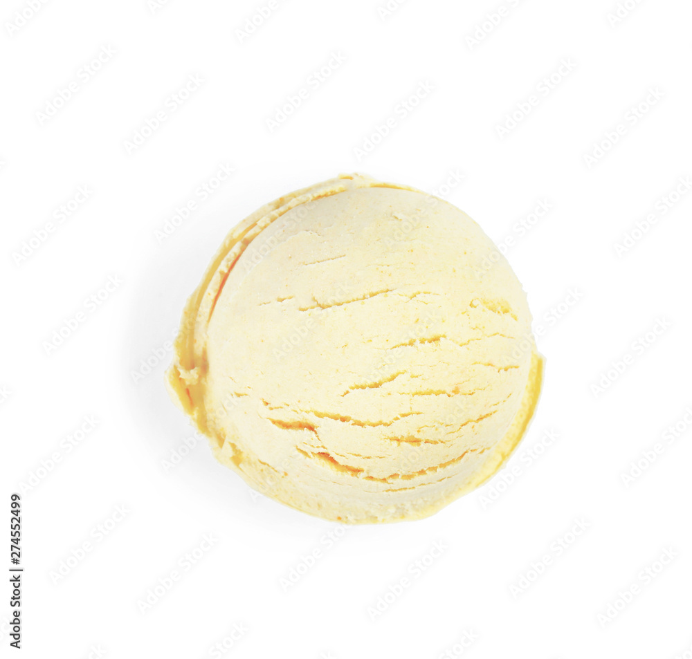 Ball of delicious vanilla ice cream on white background, top view Ball of delicious vanilla ice cream on white background, top view