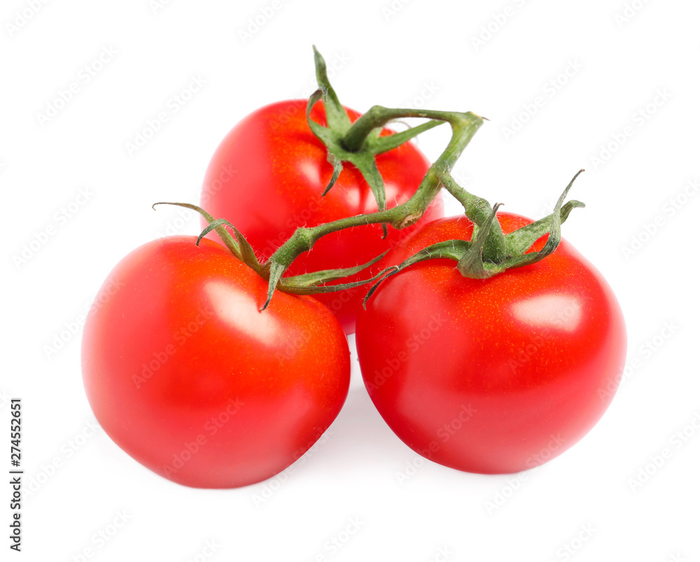 Branch of fresh cherry tomatoes isolated on white Branch of fresh cherry tomatoes isolated on white