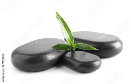 Black spa stones with bamboo isolated on white