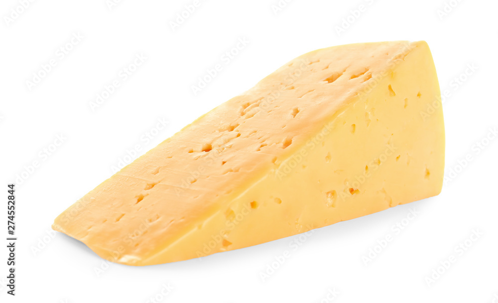 Piece of delicious cheese on white background