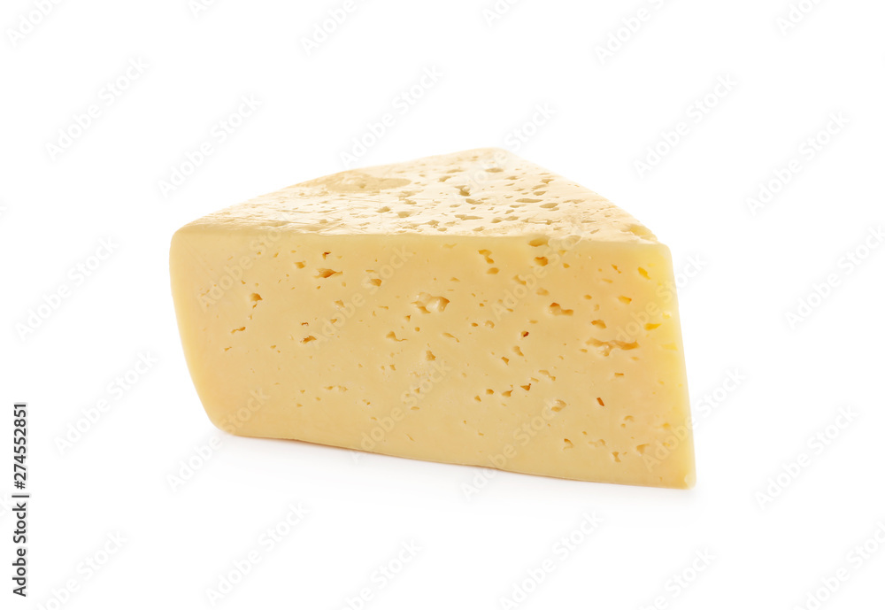 Piece of delicious cheese on white background