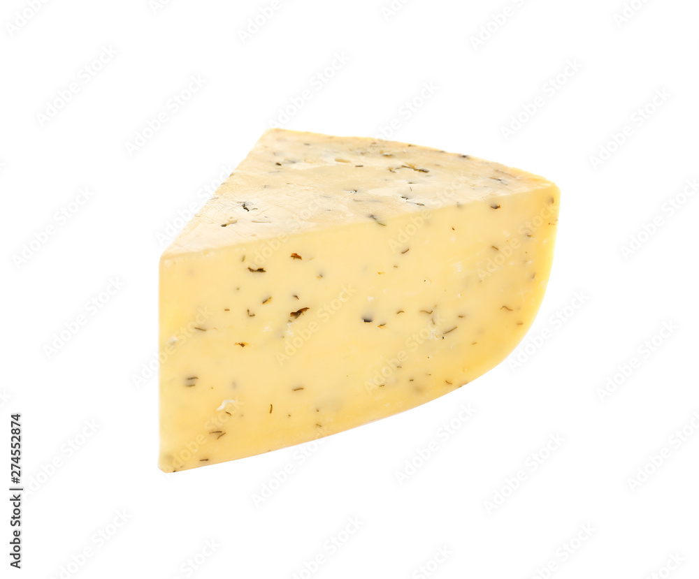 Piece of delicious cheese with herbs on white background Piece of delicious cheese with herbs on white background