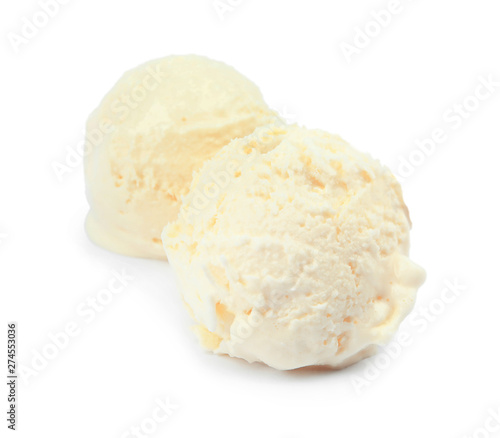 Balls pf delicious vanilla ice cream on white background