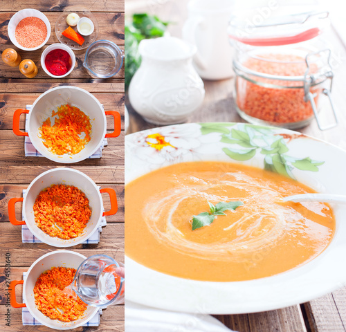 Foto Collage of step-by-step cooking of red lentil soup, selective focus