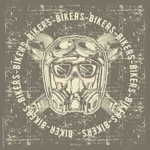 grunge style vintage skull skull bikers wearing helmet and wrench hand drawing vector