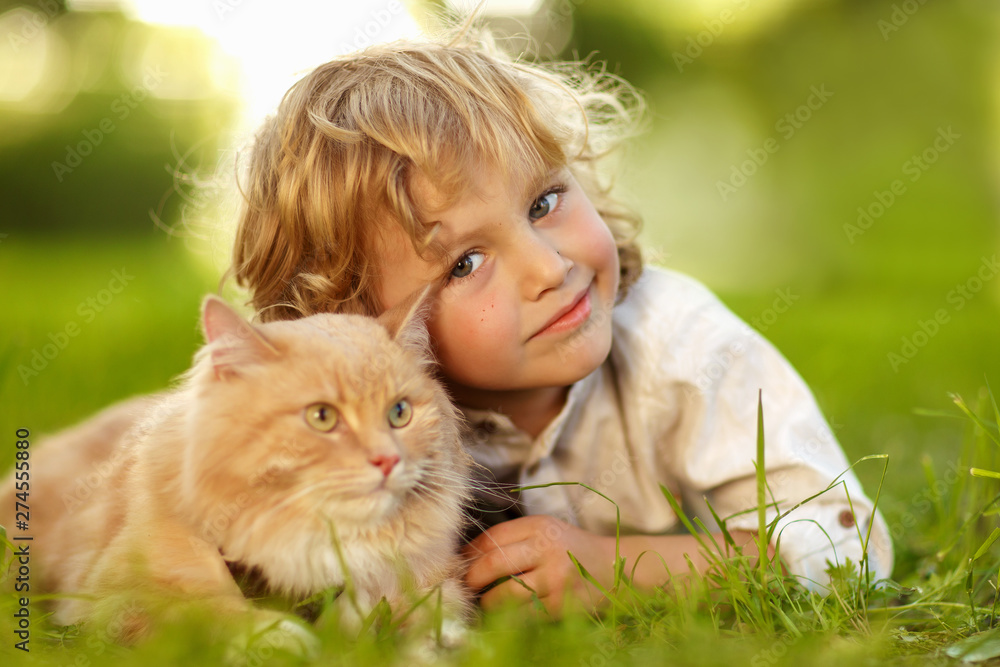 Little curly boy with a redhead cat Little curly boy with a redhead cat
