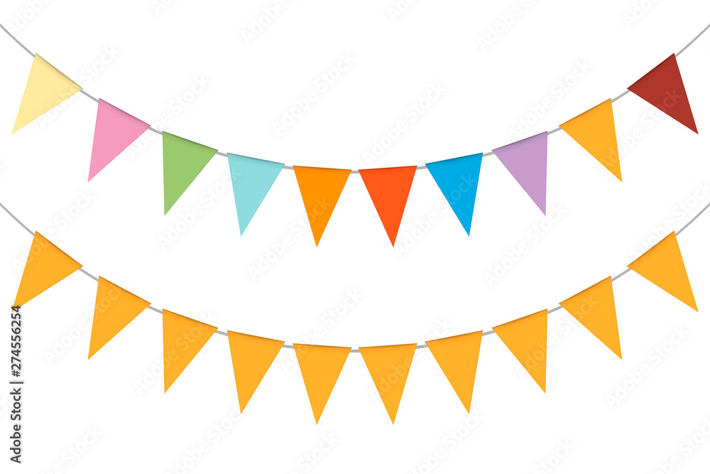 Obraz premium Pennant banner garland, vector illustration. Hanging multicolor triangle flags. Colorful festival party bunting