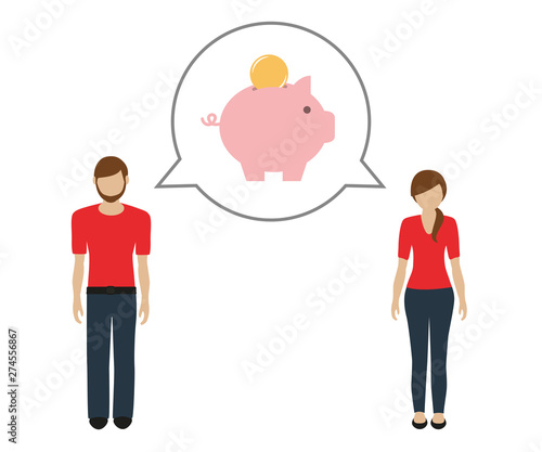 man and woman talk about saving money in piggy bank vector illustration EPS10