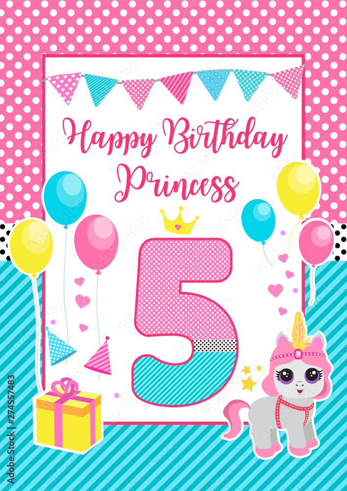 Happy birthday greeting or invitation card for a little princess in lol doll surprise style. Template for your design pet pony and accessories. Vector illustration Happy birthday greeting or invitation card for a little princess in lol doll surprise style. Template for your design pet pony and accessories. Vector illustration