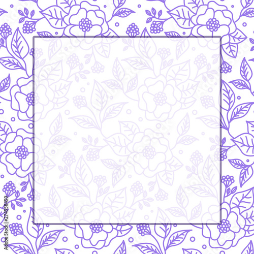 flower frame for decoration of photos, inscriptions, holidays. Square shape, light purple pattern, white free space