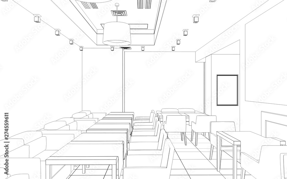 Fototapeta premium restaurant, 3D illustration, sketch, outline