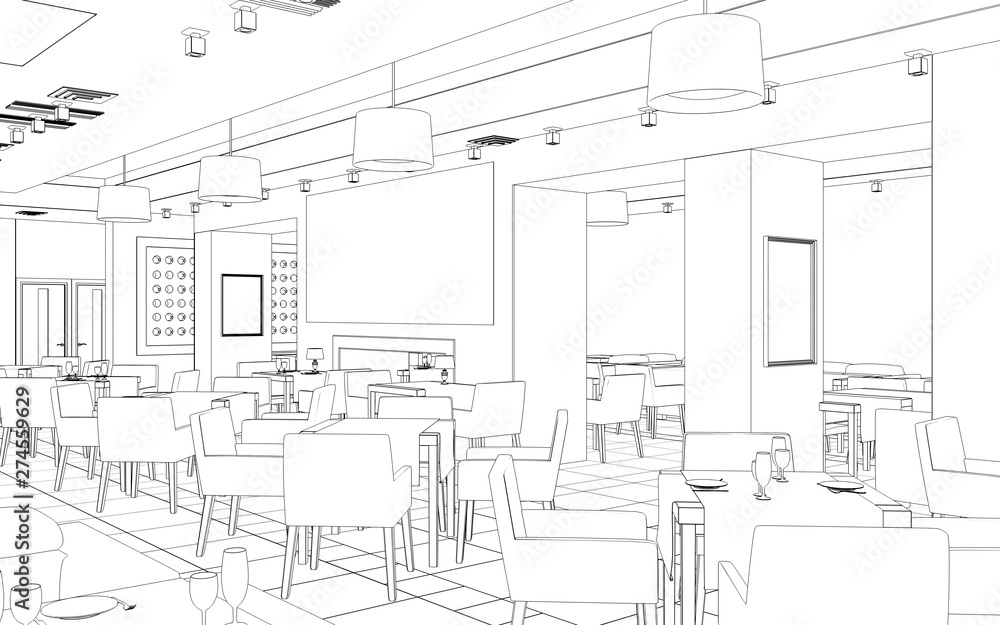 restaurant, 3D illustration, sketch, outline restaurant, 3D illustration, sketch, outline