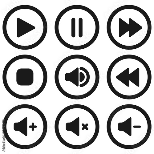 Collection of multimedia symbols and audio, music speaker volume icons. Flat style icon on white background. Vector illustration