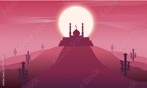 Ramadan kareem landscape with  mosque silhouette islamic. vector design illustration on dark pink background photo