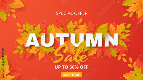 Autumn sale background with leaves. Can be used for shopping sale, promo poster, banner, flyer, invitation, website or greeting card. Vector illustration