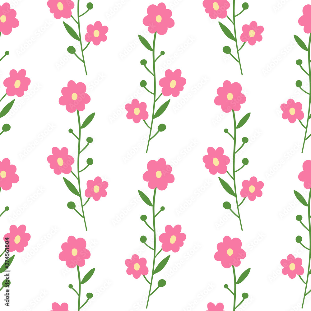 Seamless pattern with hand drawn flowers and leaves on a white background. Vector background fill.