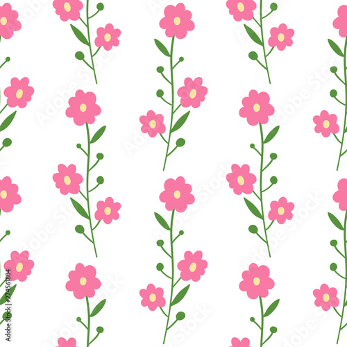 Seamless pattern with hand drawn flowers and leaves on a white background. Vector background fill.