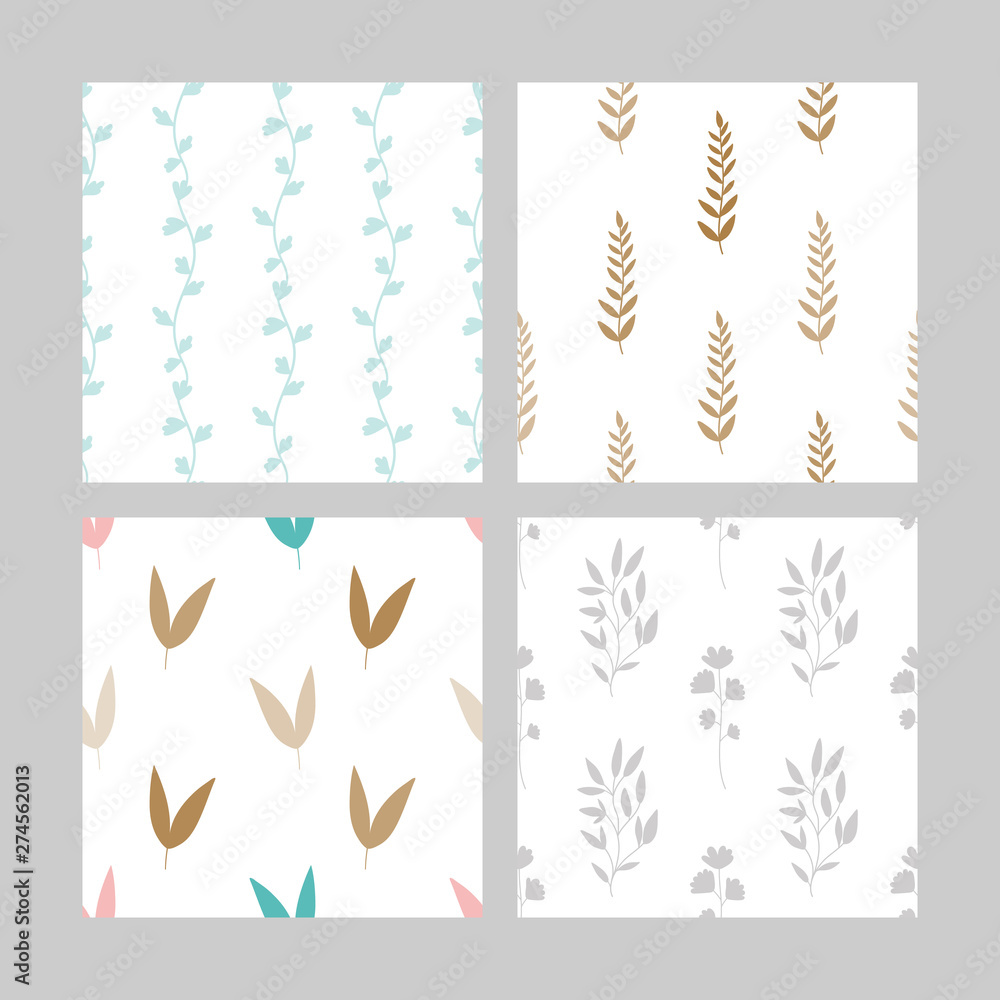 Obraz premium Set of seamless patterns with hand drawn flowers and leaves on a white background. Vector background fills.