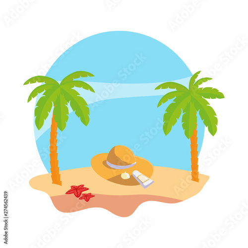 summer beach with palms and straw hat scene